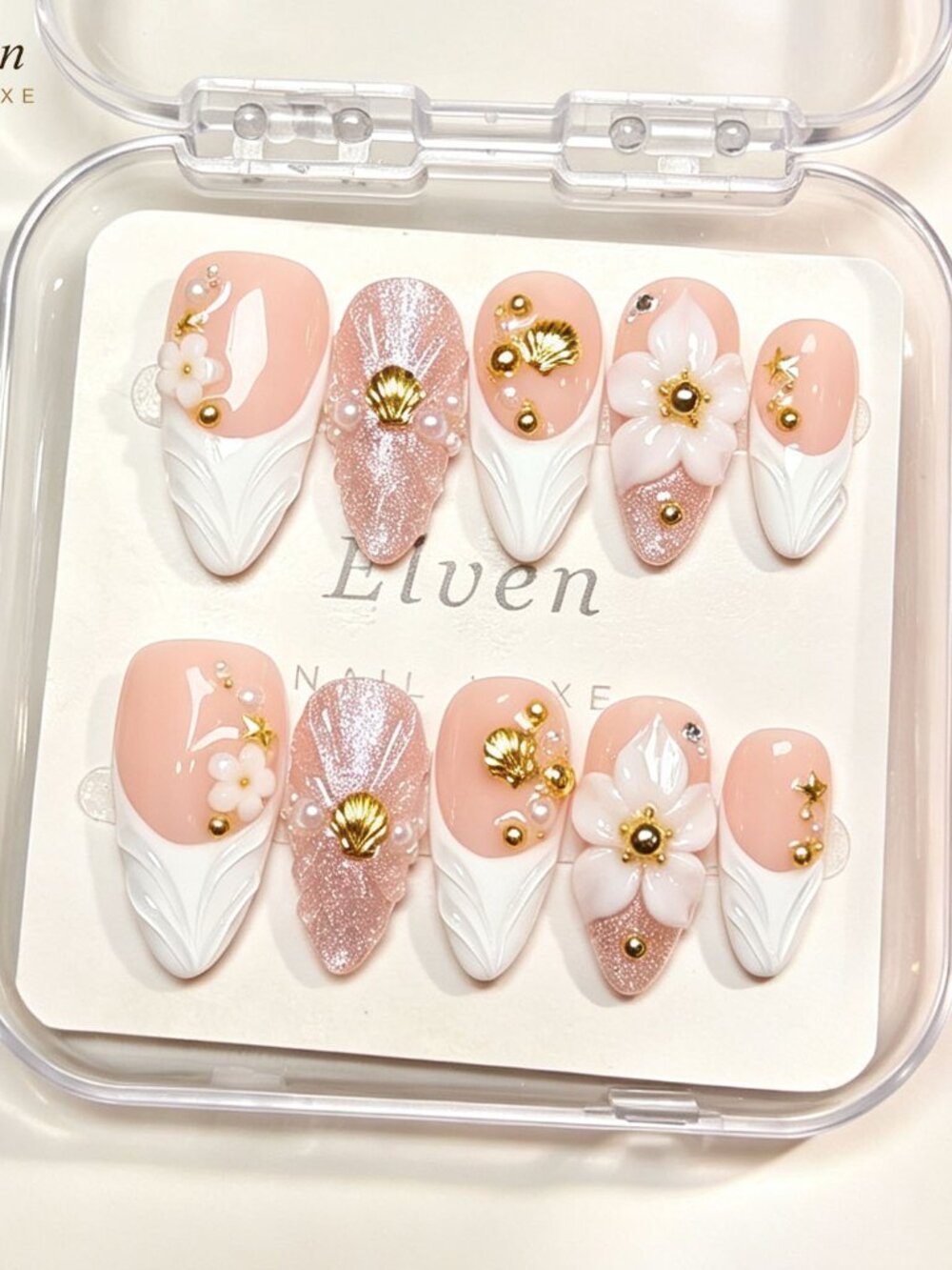Beach Ocean French Medium Almond Press On Nails with 3D Shell, Flower & Pearl